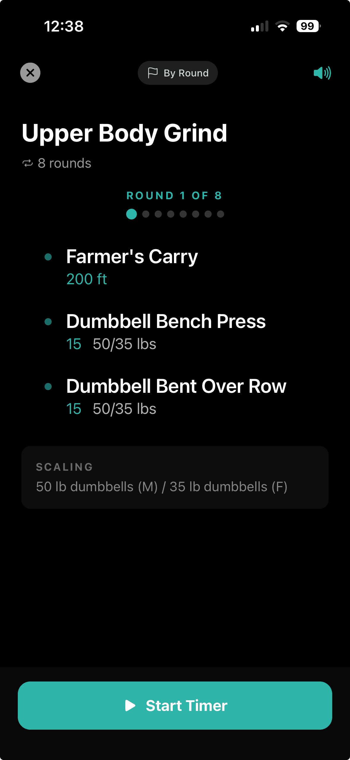 Workout mode with timer on dark background